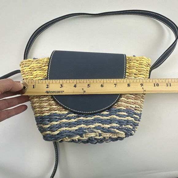 Universal Thread Straw Purse Flap Snap Blue Faux Leather Yellow Striped Small - Picture 12 of 14